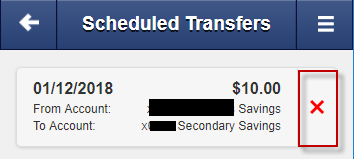 a2a-21-mobile-transfer-sched-delete Screen capture displays image of highlighted area to to delete a Scheduled Transfer, select the red X.
