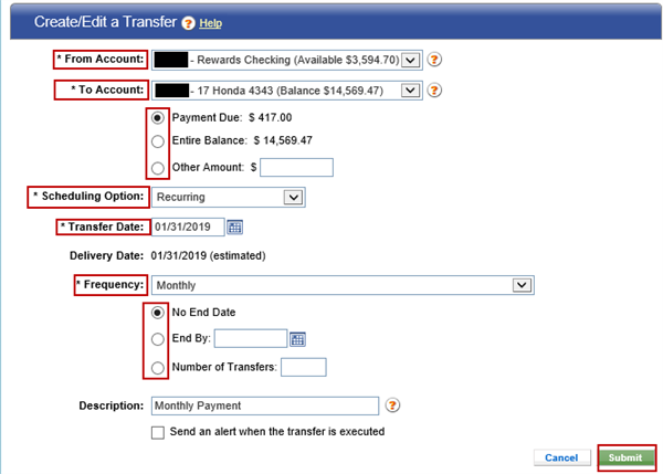 Online banking screen capture Online banking screen capture showing all the options to choose from when setting up a transfer
