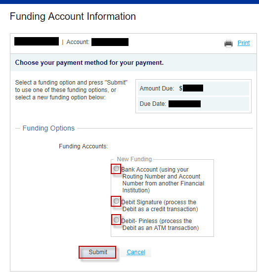 express-pay-005 Screen capture displays image of radio buttons highlighting areas of information on Funding Account Information.