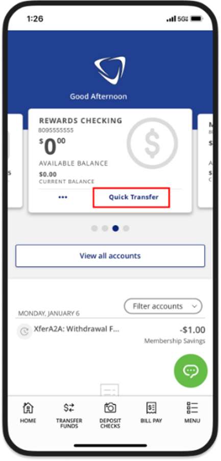 1 Digital Banking Make A Transfer From Homepage - Mobile