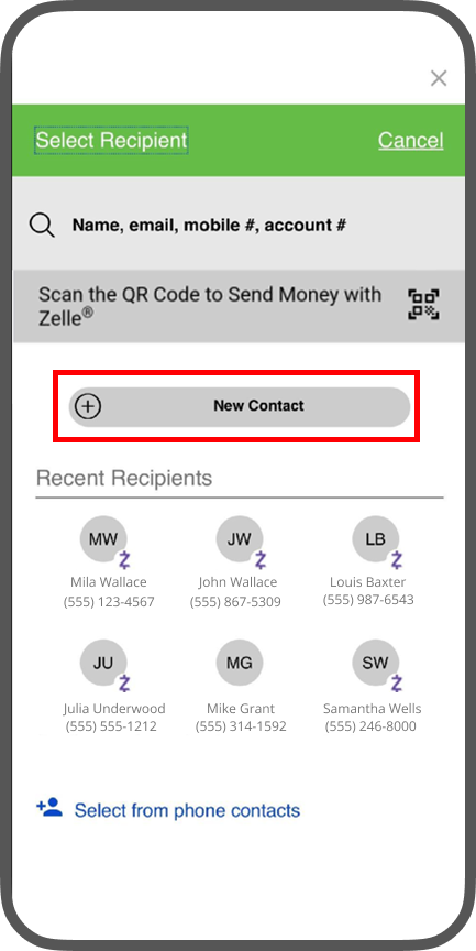 Step 3 to add Zelle ready contact in CCU app