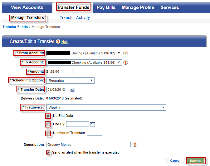 transfers-010 Screen capture displays image of highlighted areas to enter information to receive an email when the transfer is processed.