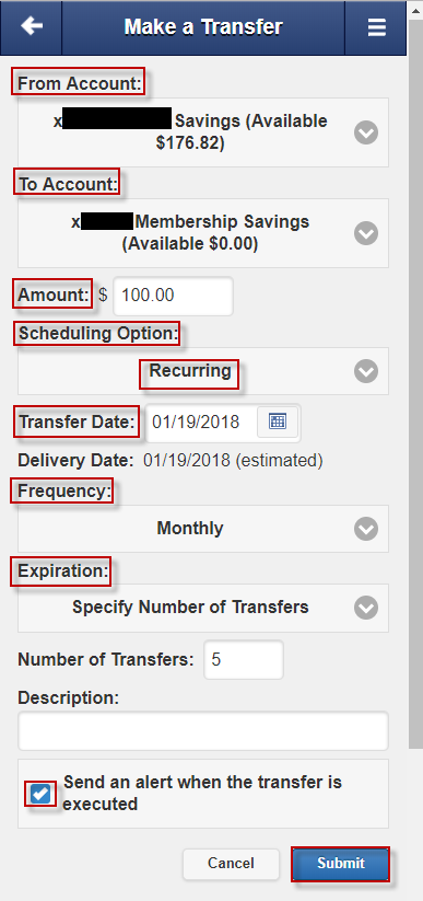 transfers-023 Screen capture highlights account options to set up recurring transfer