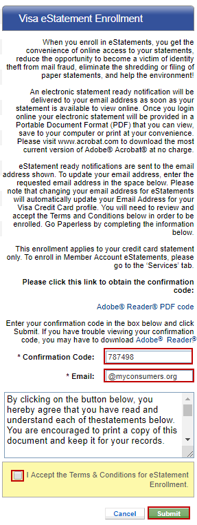 5 Screen capture showing entering the PDF code in the confirmation code input and entering your email in the email input. Accepting the terms & conditions and clicking the submit button