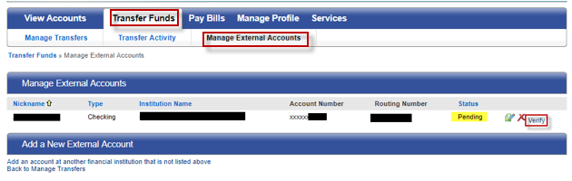 a2a-5-manage-external Screen capture displays image of highlighted area to select the Verify option to the right of the account you are verifying.