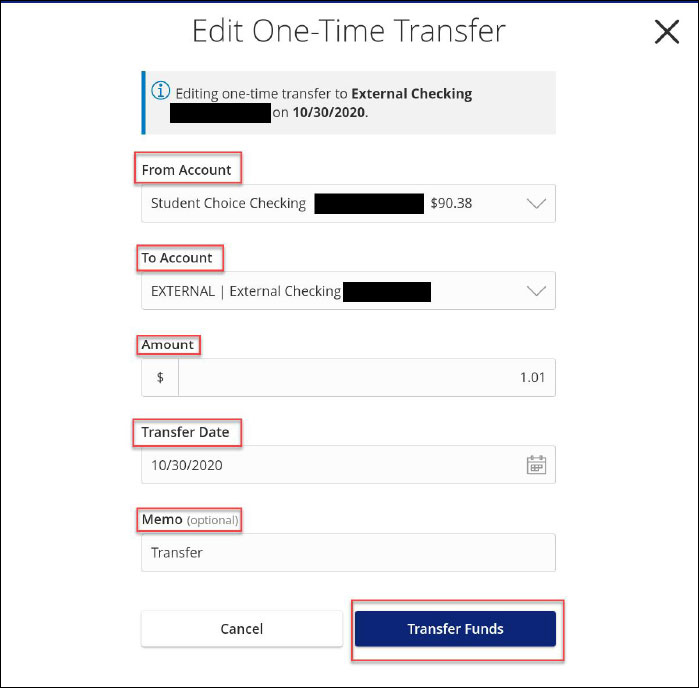 Screenshot of edit one time transfer form