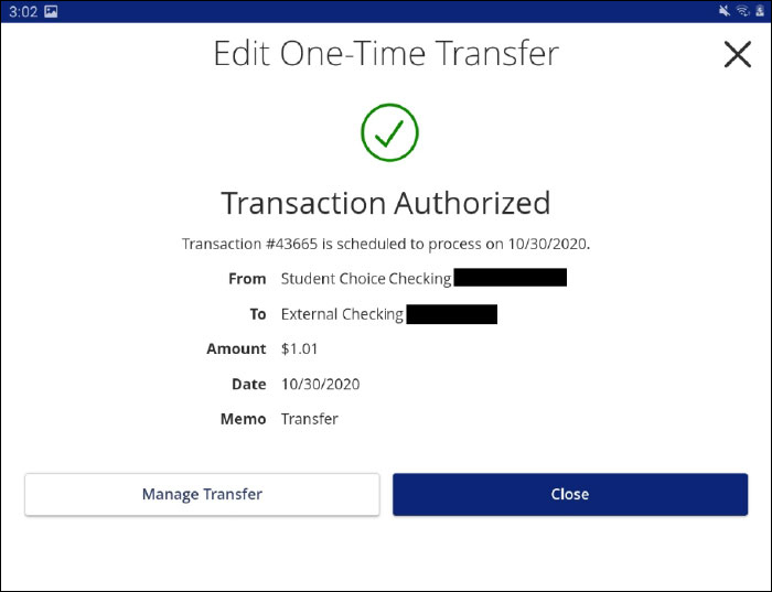 Screenshot of edit one time transfer popup confirmation