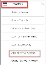 Screenshot selecting transfers and add external account