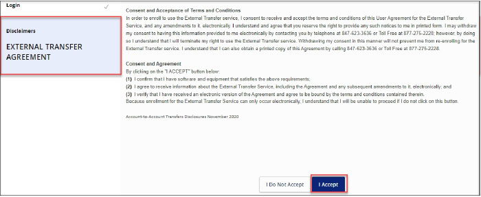 Screenshot selecting external transfer agreement and I accept button