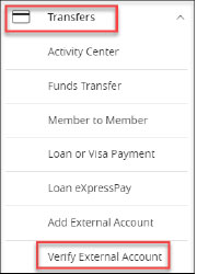 Screenshot selecting transfers and verify external account