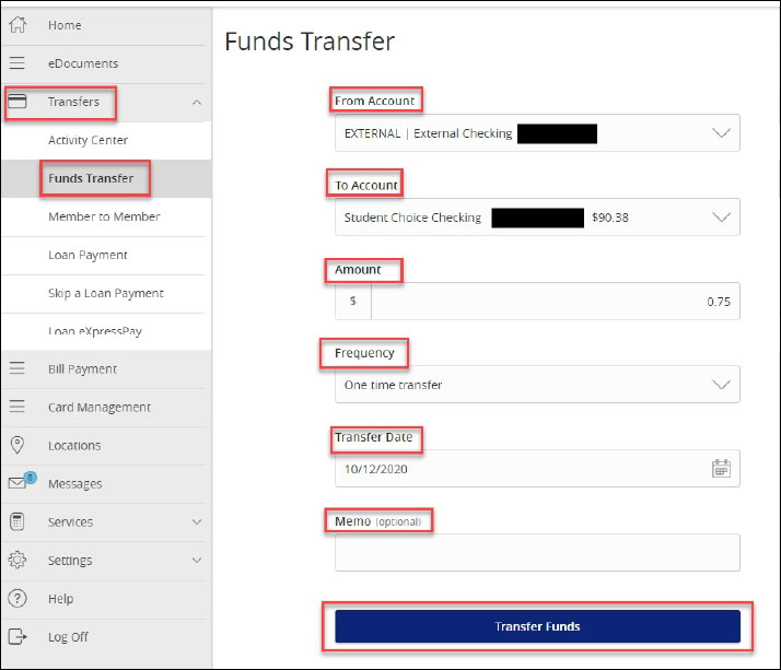 Screenshot showing different fields to fill out for funds transfer