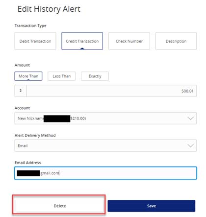 Screen capture displays image of button highlighting area to delete history alert