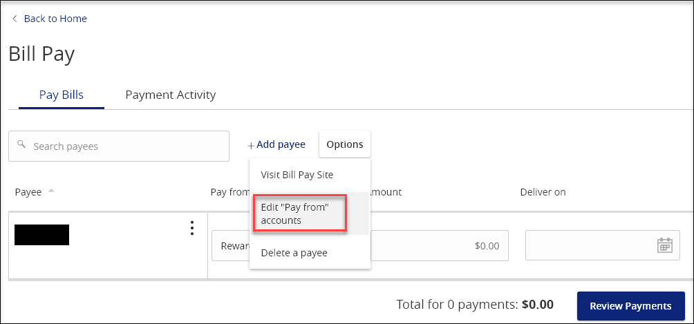 Edit pay from account screenshot