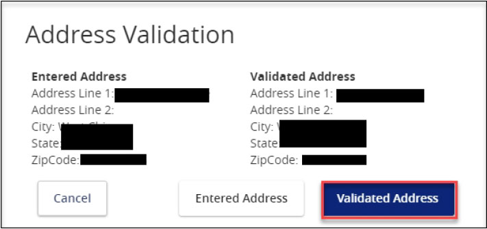 Screenshot of Address validation popup