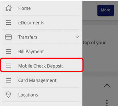Screen capture displays image of button highlighting area to select mobile check deposit