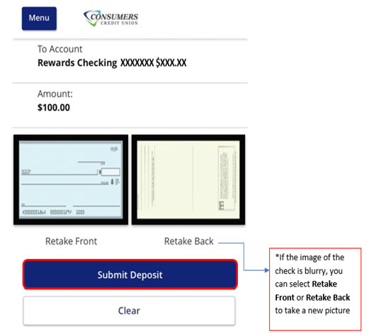Screen capture displays image of check screen captures highlighting button to submit deposit