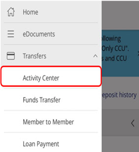 Screen capture displays image of activity center menu selection