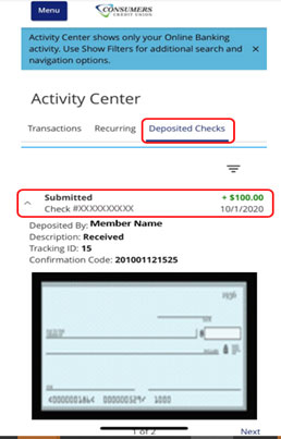 Screen capture displays image of activity center highlighting deposited checks menu and submitted amount