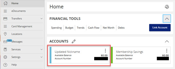 Screen capture highlighting area showing updated nickname on the accounts menu