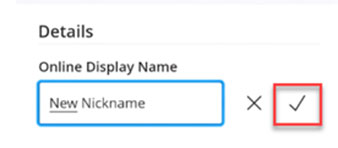 Screen capture highlighting area to update online display name and accept button
