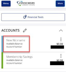 Screen capture of mobile menu highlighting updated account nickname