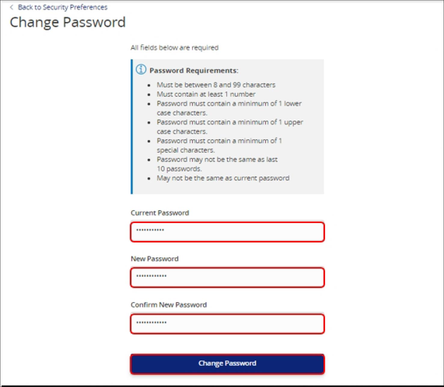 Screenshot of change password and confirm form