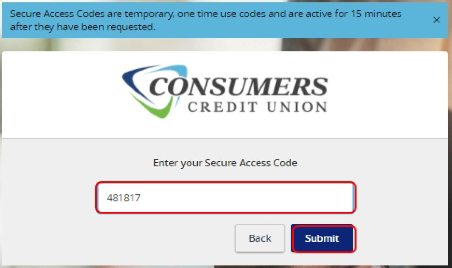 Screenshot of secure access code