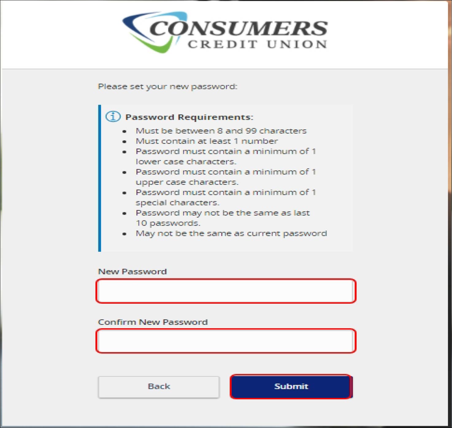 Screenshot showing password requirements
