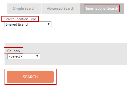 Screen capture shows where to search for an International Shared Branch Location