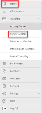 Screen capture of activity center menu highlighting funds transfer button