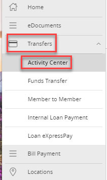 Screen capture displays transfers menu and activity center button