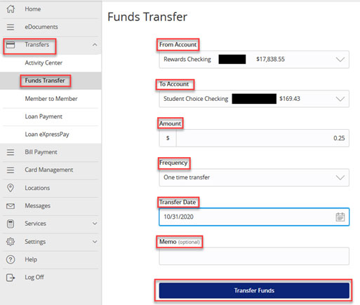 Screen capture of funds transfer screen highlighting from account, to account, amount, frequency, transfer date, and memo fields and transfer funds button