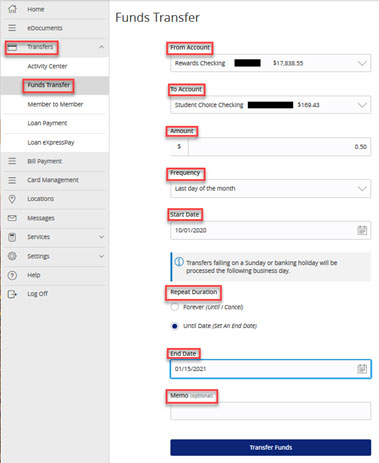 Screen capture displays image of funds transfer screen highlighting from account, to account, amount, frequency, start date, repeat duration, end date and memo fields