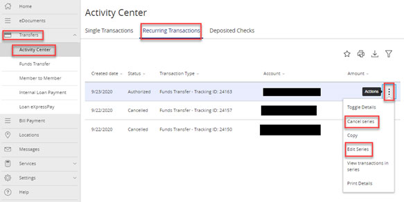 Screen capture displays recurring transaction menu highlighting cancel series and edit series buttons