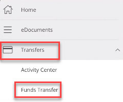 Screen capture of Transfers menu highlighting Funds Transfer button