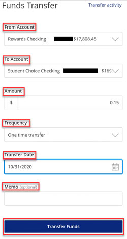 Screen capture of funds transfer screen highlighting from account, to account, amount, frequency, transfer date, and memo fields and transfer funds button