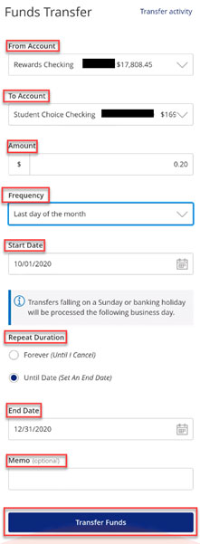 Screen capture of funds transfer screen highlighting from account, to account, amount, frequency, start date, repeat duration, end date and memo fields and transfer funds button