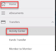 Screen capture highlighting activity center menu