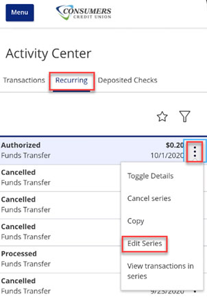 Screen capture highlighting recurring tab and edit series button on authorized funds transfer selection