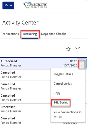 Screen capture highlighting recurring tab and edit series button on authorized funds transfer selection