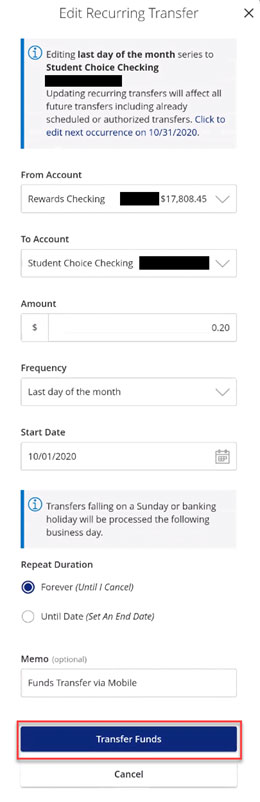 Screen capture displaying edit recurring transfer screen highlighting transfer funds button