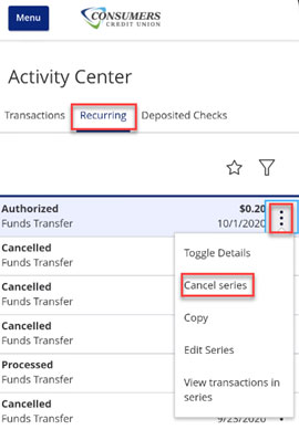 Screen capture of activity center menu edit recurring transfer tab highlighting cancel series button